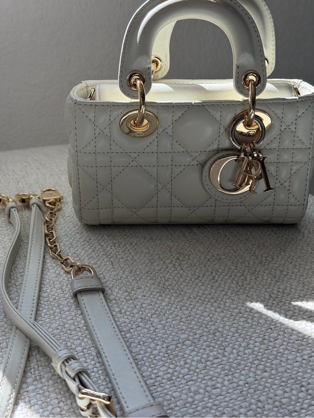 Dior D Joy Micro Cannage White Handbag with Gold Hardware